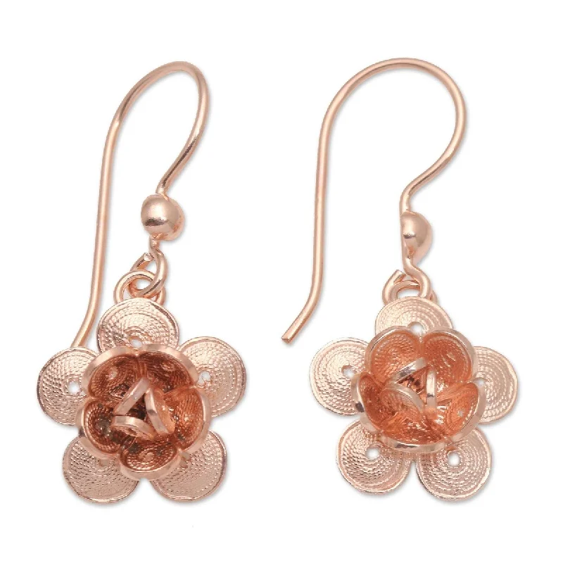 Bold gold earrings-NOVICA Lucky Blossom, Rose gold plated filigree dangle earrings - 1.3L*0.6W