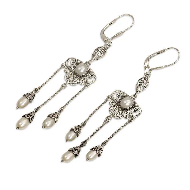 Pentagon stud earrings-NOVICA Moonlight Waltz, Cultured pearl chandelier earrings - 3.1L*0.7W