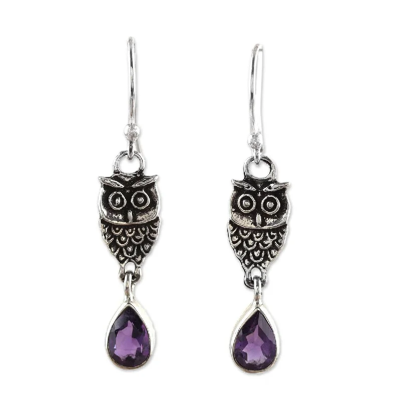 Hovering diamond earrings-NOVICA Owl Dance, Amethyst dangle earrings - 1.5*0.3