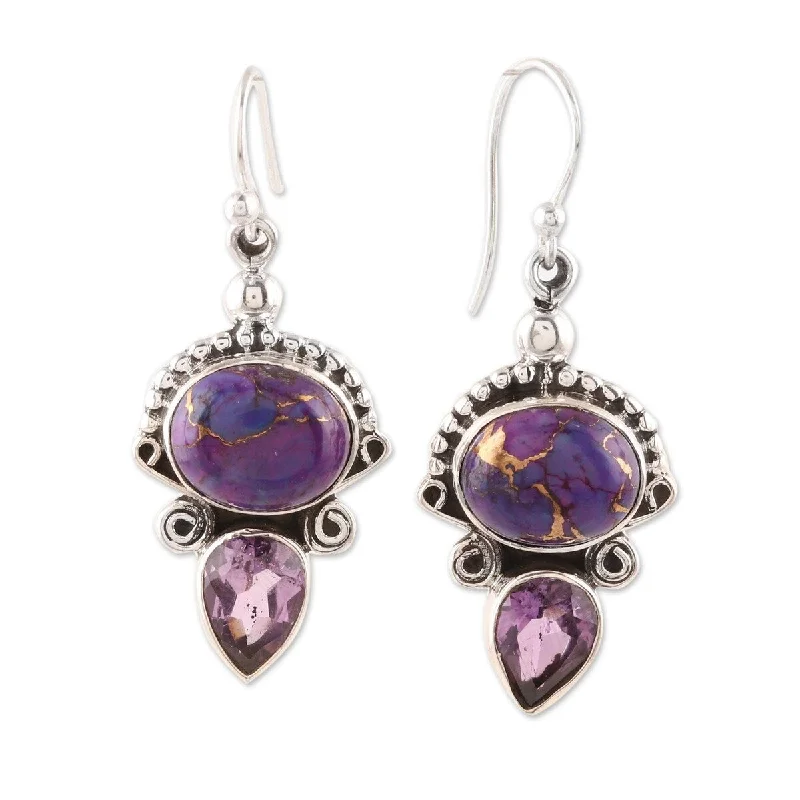 Leaf-wrap earrings-NOVICA Regal Allure, Amethyst and composite turquoise dangle earrings - 1.8*0.6