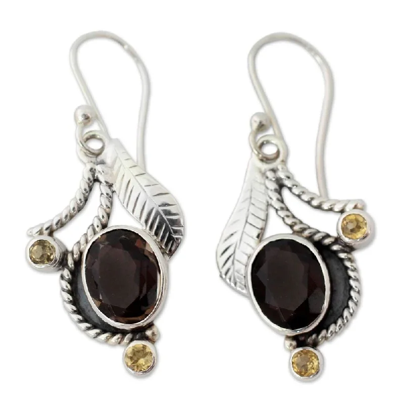 Vintage-style opal earrings-NOVICA Smoky Quartz and Citrine Dangle Earrings, 'Dew Blossom' (India) - 1.6*0.6