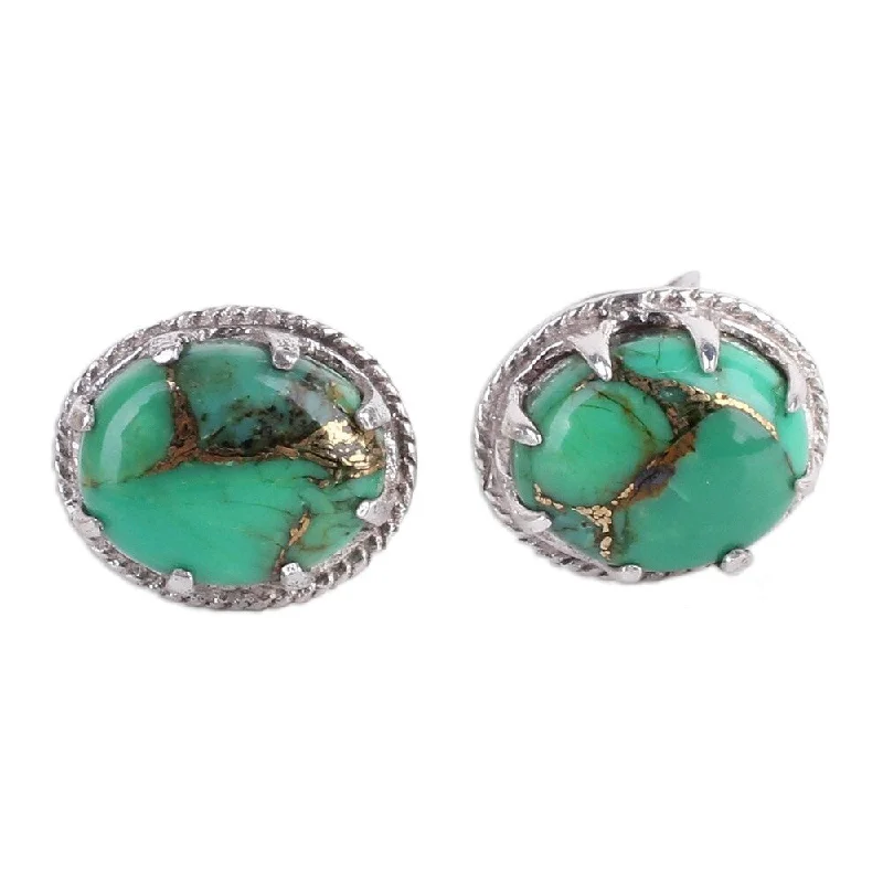 Curved cabochon earrings-NOVICA Sterling Silver Morning in Green Turquoise Earrings - 0.4*0.3