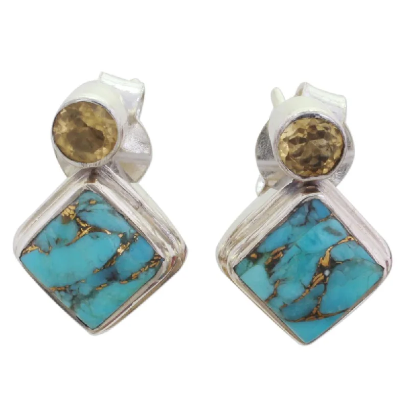 Varied stone earrings-NOVICA Sterling Silver 'Turquoise Sparkle' Citrine Turquoise Earrings - Blue - 0.6*0.4