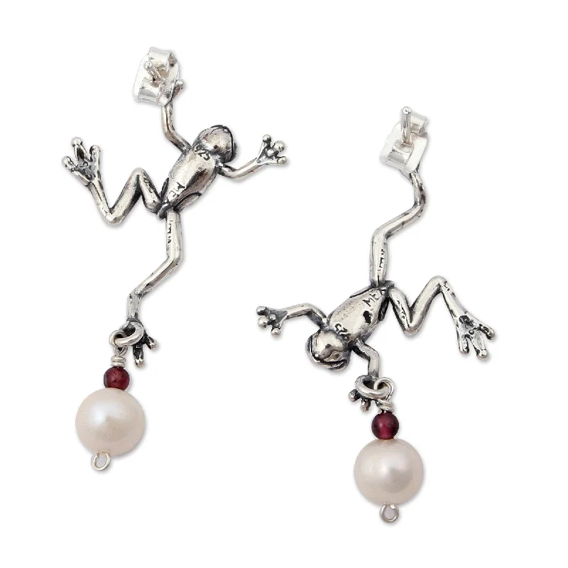 Bold gold earrings-NOVICA Sterling Silver 'Whimsical Frogs' Cultured Pearl Garnet Earrings (5 mm) (Mexico) - 1.7L*0.7W