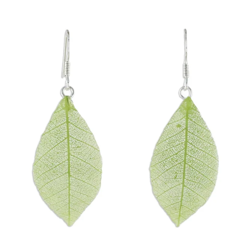 Curved design earrings-NOVICA Stunning Nature in Sap Green, Natural leaf dangle earrings - 2.2*0.8