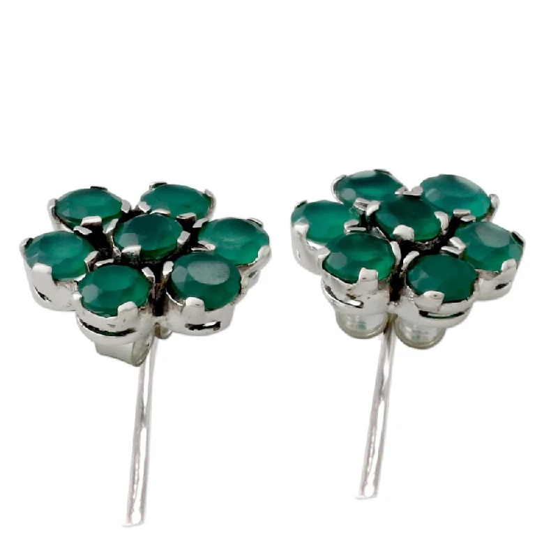 Slanted gem earrings-Onyx Button Earrings, 'Green Blossom' (India)