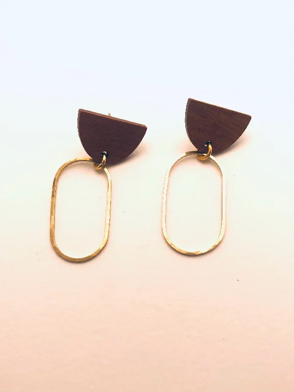 Aged bronze earrings-Oval Brass Earrings with Wood