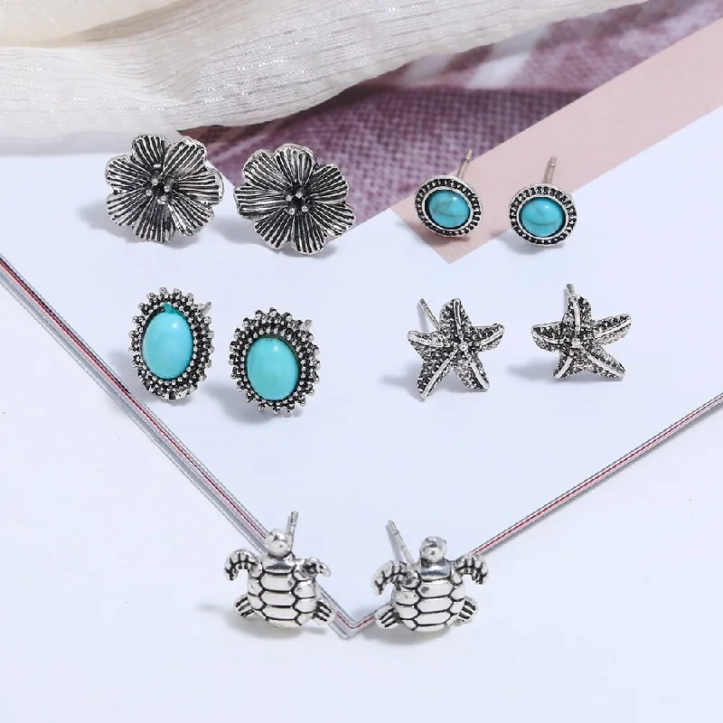 Radiant platinum earrings-Oxidized Silver and Turquoise Beach Earring (5 Pair Studs)