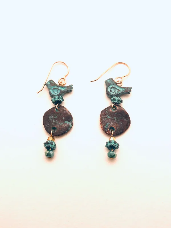 Elevated bar earrings-Patina Bronze Earings with Birds