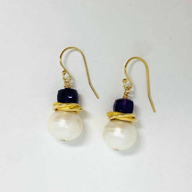 Twisting design earrings-Pearl & Amethyst with a Twist Ring Earrings