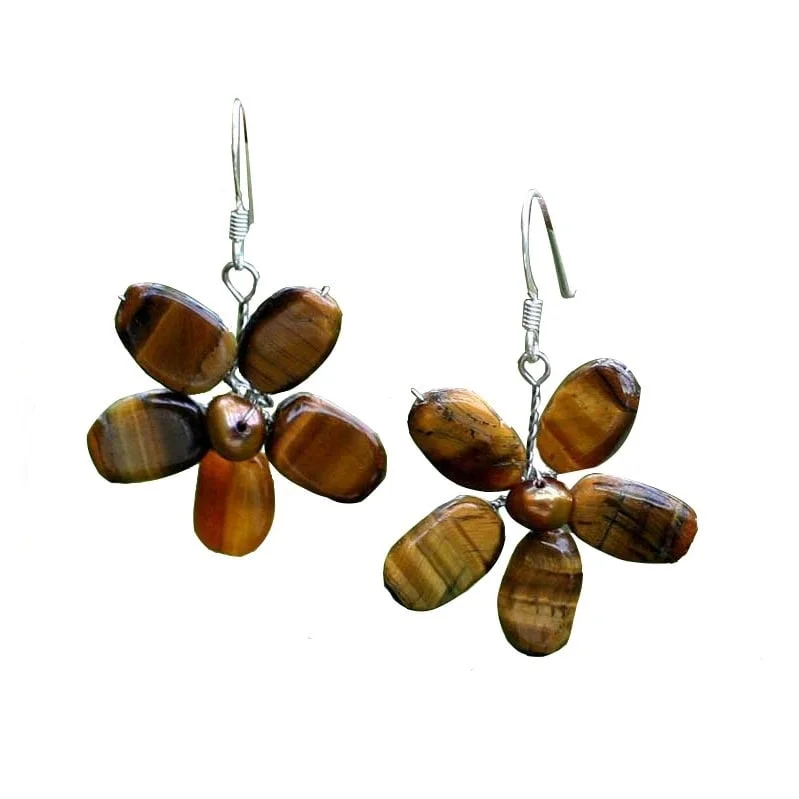 Shiny tungsten earrings-Pearl and Tiger's Eye 'Paradise' Flower Earrings