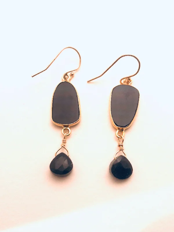 Smooth sweep earrings-Smooth Onyx wrapped in Vermeil Earrings with Jet Briolette