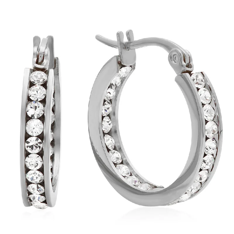 Ridged pattern earrings-Stainless Steel Hoop Earrings Layered With SW Stones