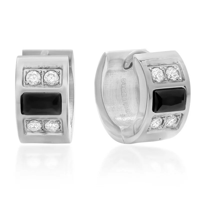 Subtle braid earrings-Stainless Steel Huggie Earrings with Simulated Diamonds and Black IP