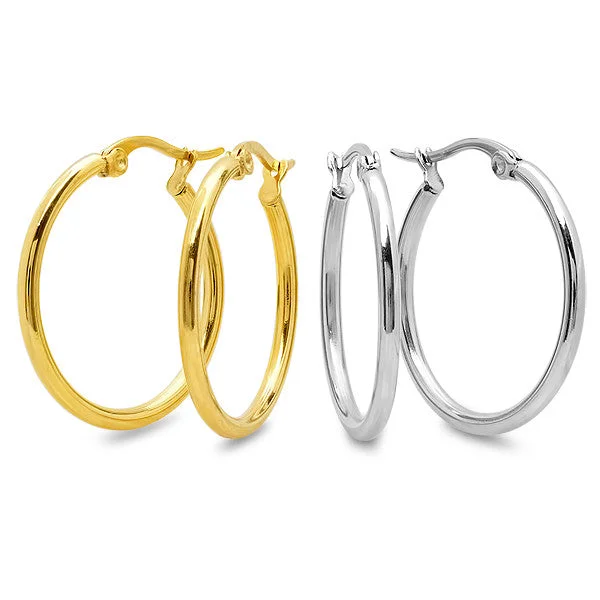 Bold emerald earrings-Stainless Steel Set Of 2 Hoops In Metallic And 18kt Gold Plated 35mm