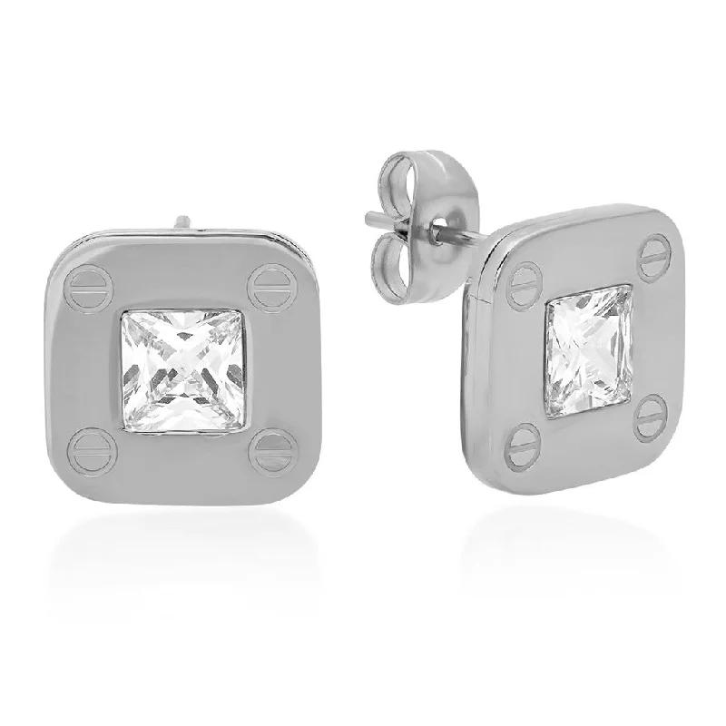 Mosaic pattern earrings-Stainless Steel Stud Earrings With Screws and CZ Stones Accent