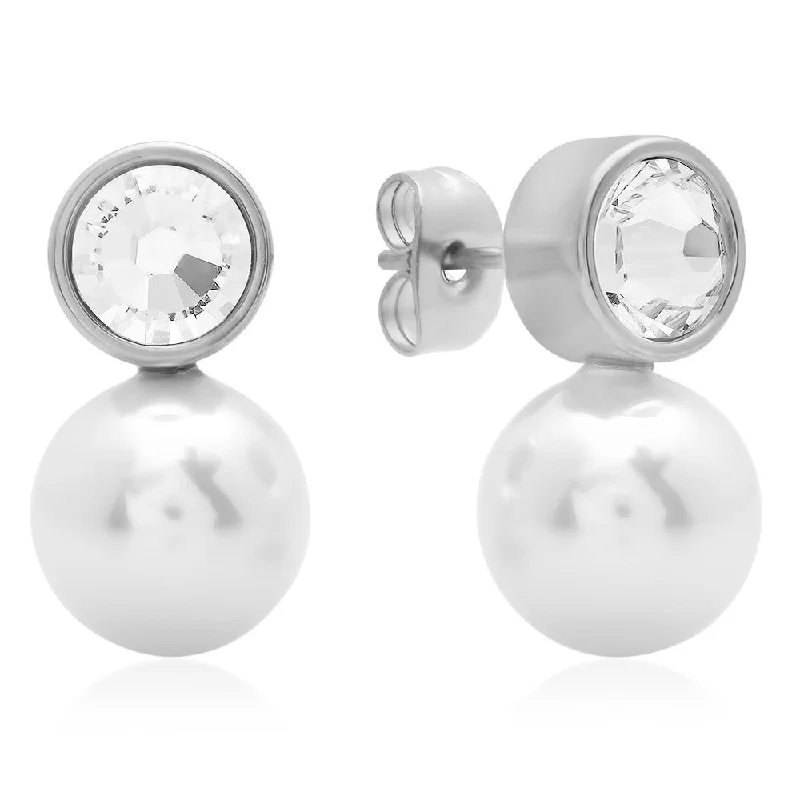 Elevated bar earrings-Stainless Steel Stud Earrings With Simulated Pearl And SW Stones