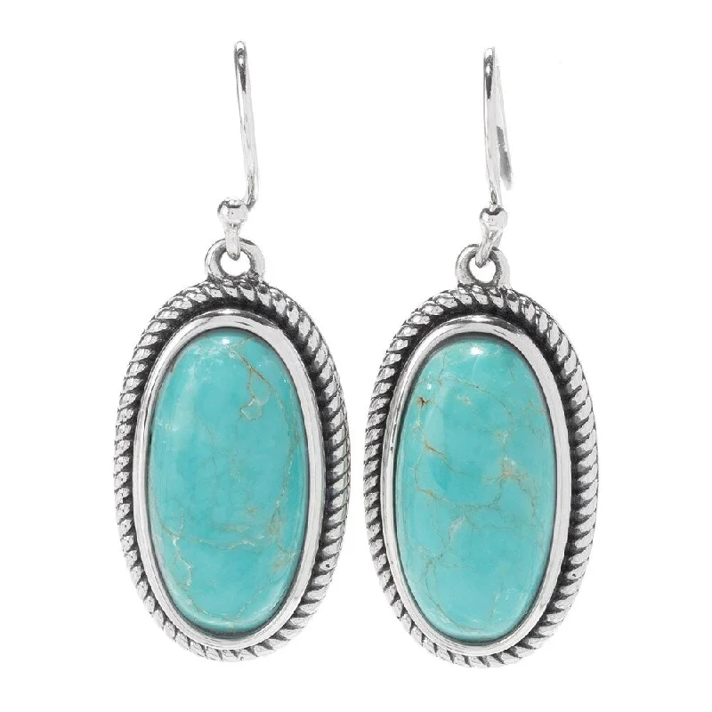 Etched initial earrings-Sterling Silver 1.5" 20 x 10mm Oval #8 Turquoise Drop Earrings