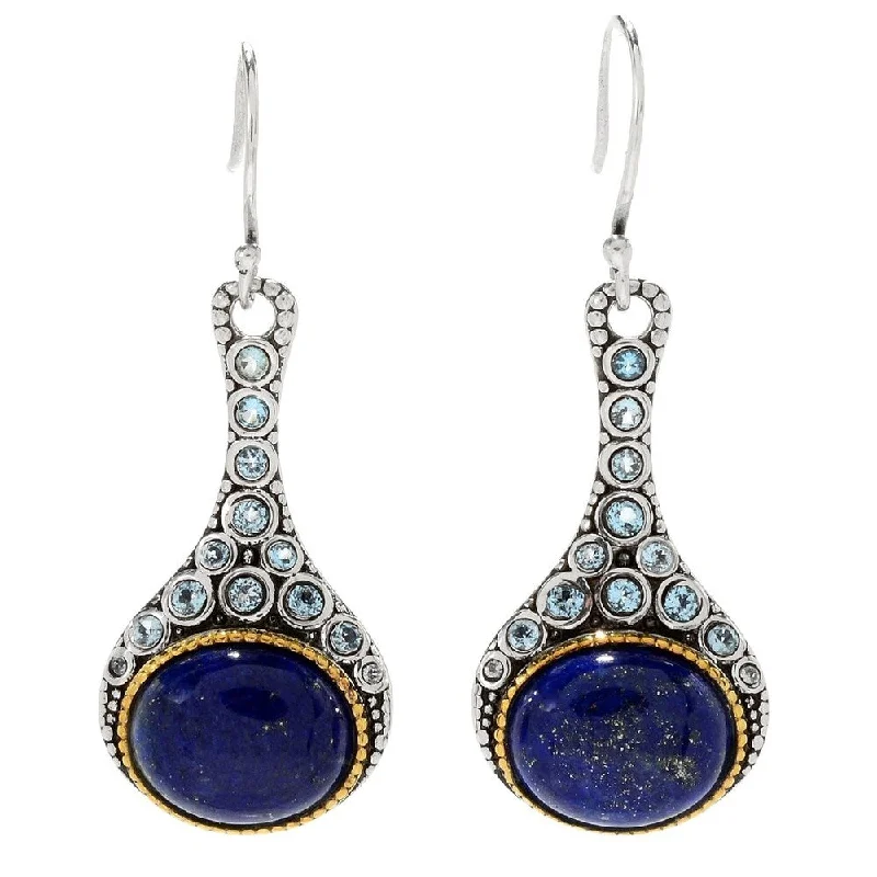 Vivid amazonite earrings-Sterling Silver 1.75" Oval Lapis & Swiss Blue Topaz Drop Earrings