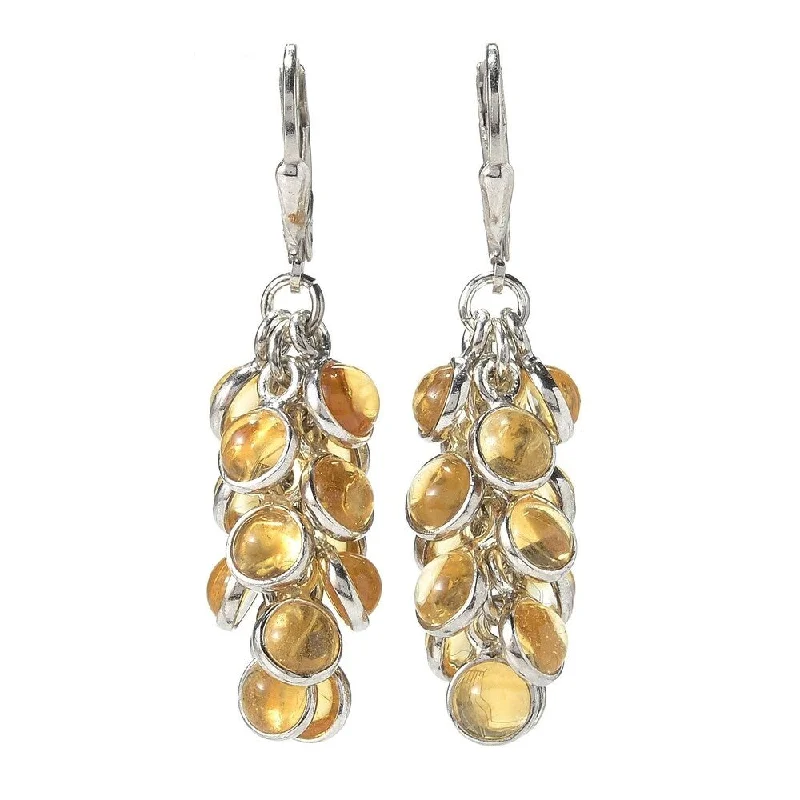 Bold gem earrings-Sterling Silver 1.75" Round Citrine Cluster Drop Earrings