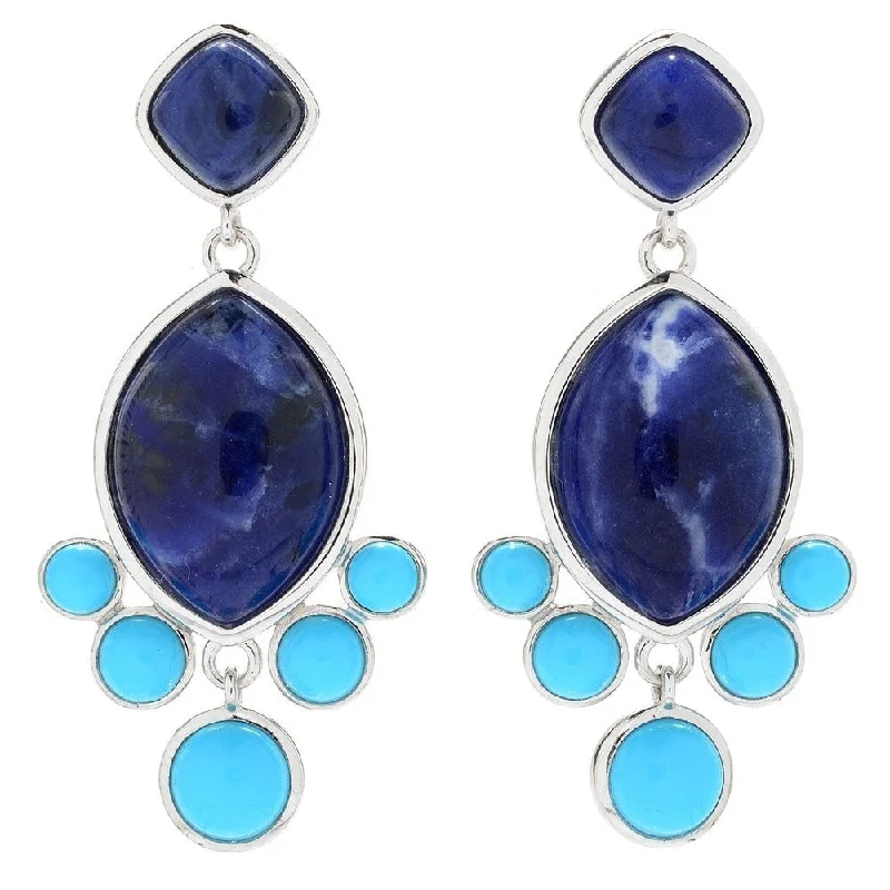 Chiseled gem earrings-Sterling Silver 1.75" Sodalite & Sonora Beauty Turquoise Earrings