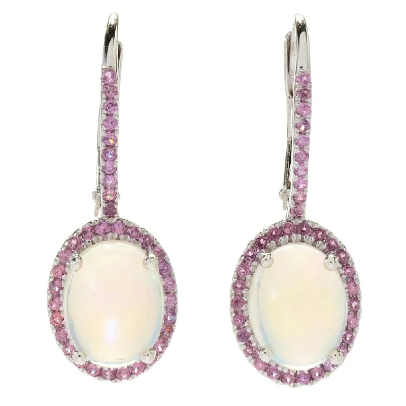 Luminous gem earrings-Sterling Silver 1" Ethiopian Opal & Rhodolite Halo Drop Earrings