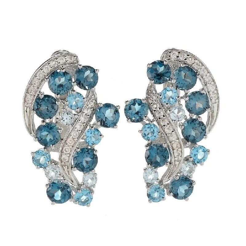 Elevated bar earrings-Sterling Silver 1" London Blue Topaz & White Zircon Wave Earrings