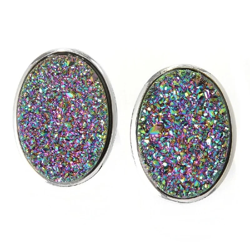 Pierced design earrings-Sterling Silver 18 x 13mm Oval Drusy Earrings w/ Omega Backs