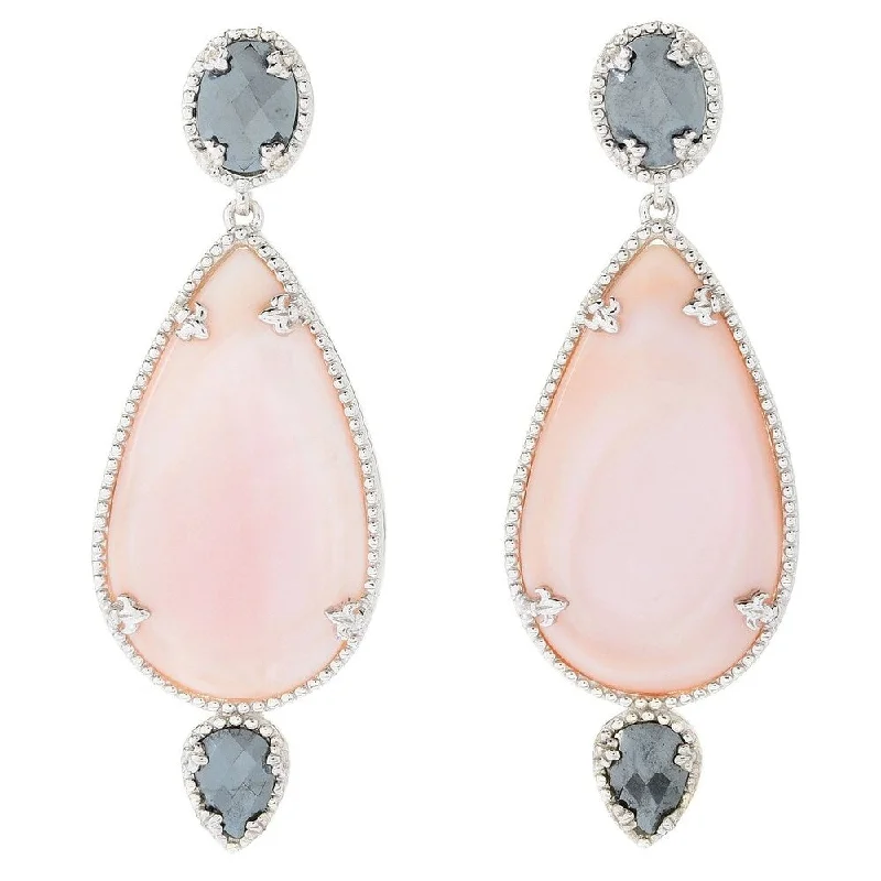 Bold moonstone earrings-Sterling Silver 2" 28 x 16mm Pink Mother of Pearl & Hematite Drop Earrings