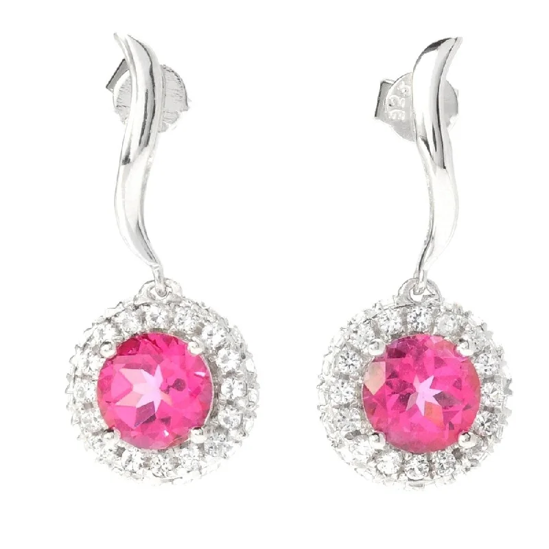 Frosty topaz earrings-Sterling Silver 4.18Ctw Pink Topaz Halo Drop Earrings, 1"L