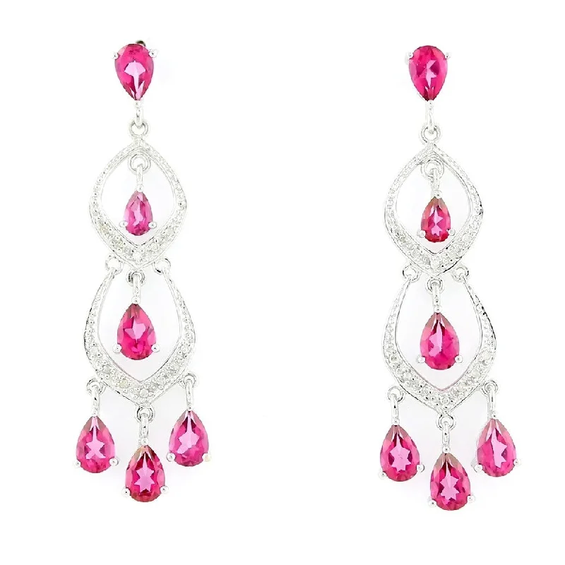 Fine-etched earrings-Sterling Silver 5.12ctw Pink Topaz & Diamond Chandelier Earring 1.87'L