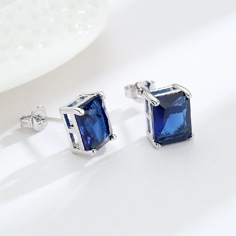 Scratched-edge earrings-Sterling Silver Emerald Cut Gemstone Earring Studs