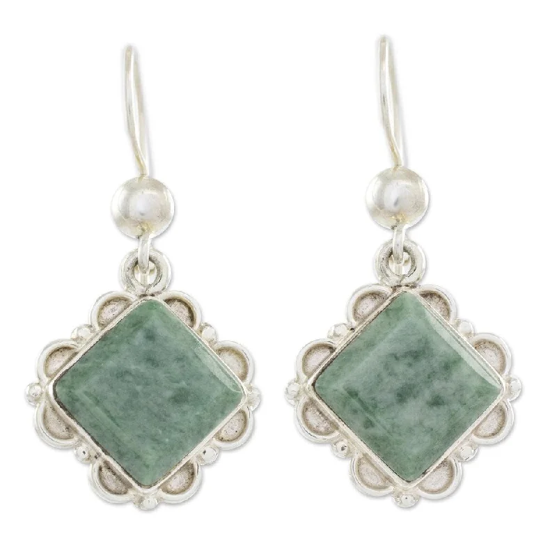 Plaited braid earrings-Sterling Silver Light Green Floral Diamond Jade Earrings - 1.5L*0.8W