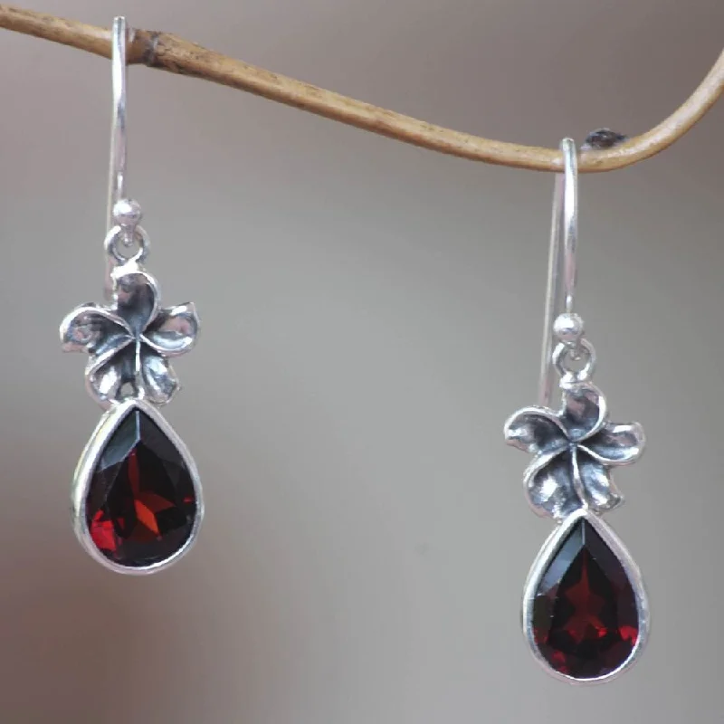 Textured earrings-Sterling Silver Plumeria Dew Garnet Earrings (Indonesia)