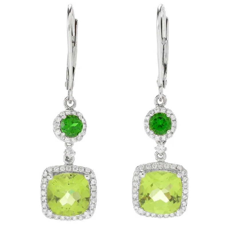 Bezel-rim earrings-Sterling Silver Two Tone Cushion Cut Leaver Back Earring Chrome Diopside/Peridot