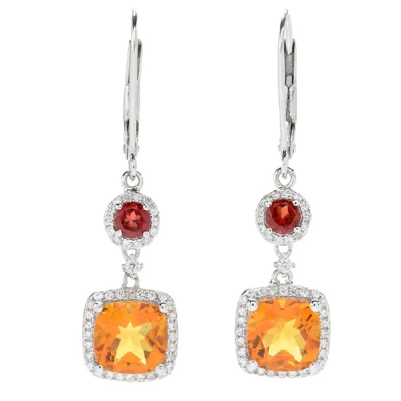 Thick gold earrings-Sterling Silver Two Tone Cushion Cut Lever Back Earrings with Citrine and Mozambique Garnet