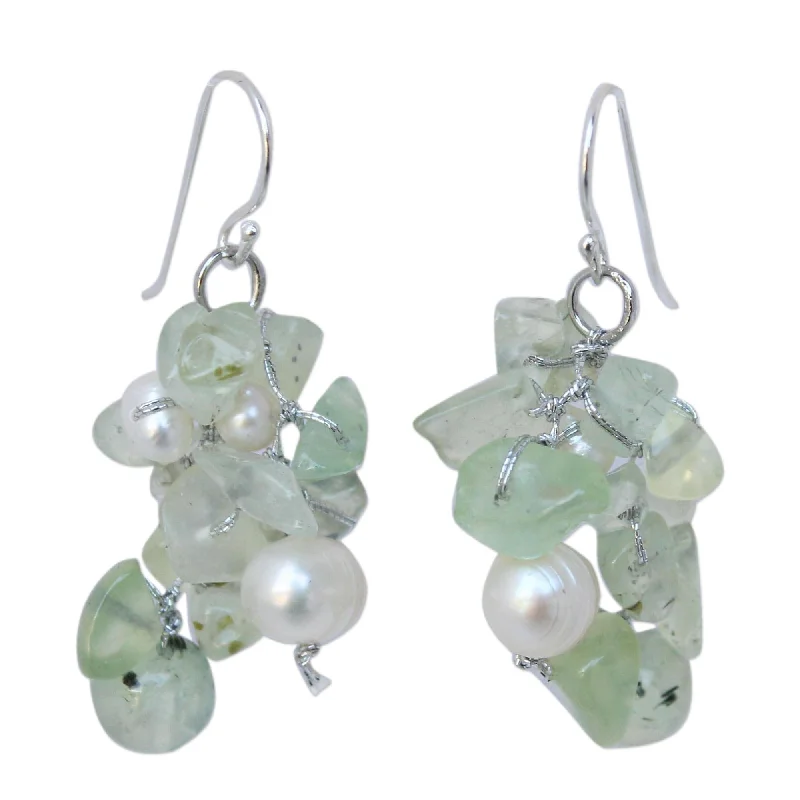 Arched stone earrings-Sterling Silver 'Whisper' Prehnite Pearl Earrings (3-7 mm) (Thailand) - 0.8"x1.8"