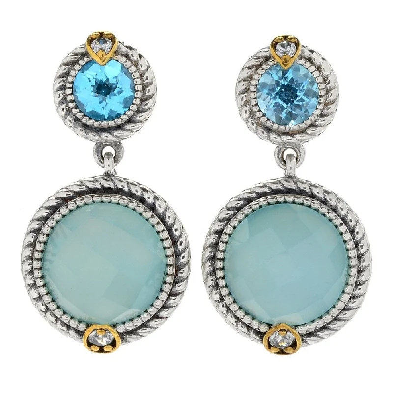 Forged gold earrings-Swiss Blue Topaz, Chalcedony & White Zircon Drop Earrings