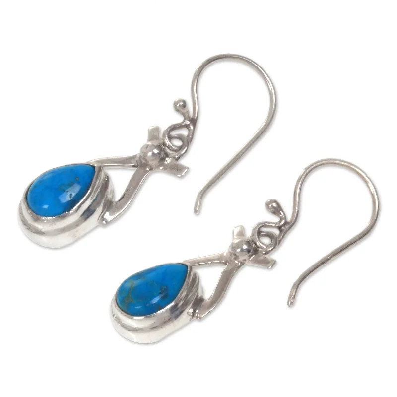 Rough rim earrings-Temptions Veined Blue Green Teardrops of Polished Turquoise in 925 Sterling Silver Modern Womens Dan