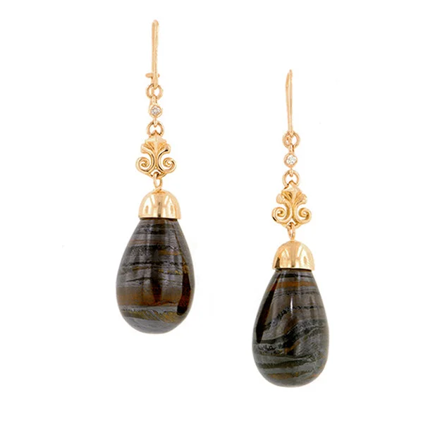 Curved design earrings-Tiger's Eye & Diamond Drop Earrings- Heirloom by Doyle & Doyle