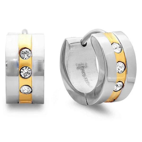 Luminous gem earrings-Steeltime Ladies Two-Tone Huggie Earrings With CZ Stones