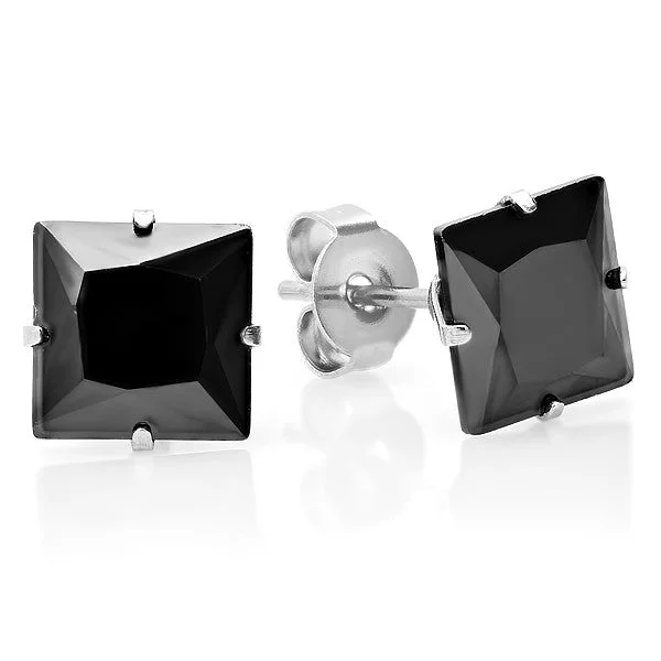 Gripped stone earrings-Unisex Large Square Black Simulated Diamond Stud Earring With Stainless Steel Setting