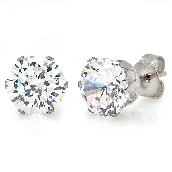 Glistening silver earrings-Steeltime Unisex Stainless Steel CZ Studs