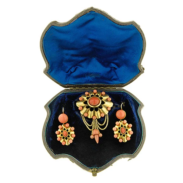 Fractured crystal earrings-Victorian Coral Earring & Pin Set