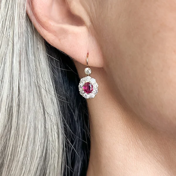 Pentagon stud earrings-Victorian Ruby Diamond Cluster Earrings