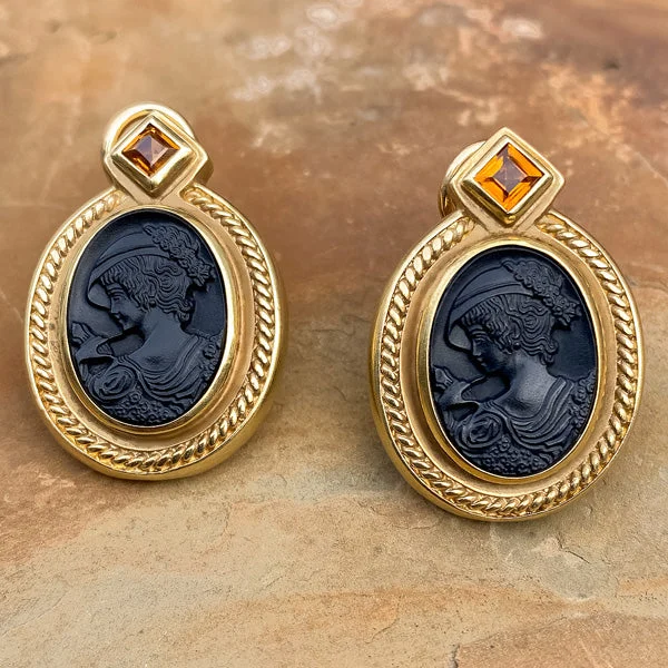 Long diamond earrings-Vintage Onyx Cameo Earrings