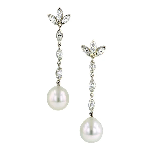 Scalloped edge earrings-Vintage Diamond & Pearl Drop Earrings