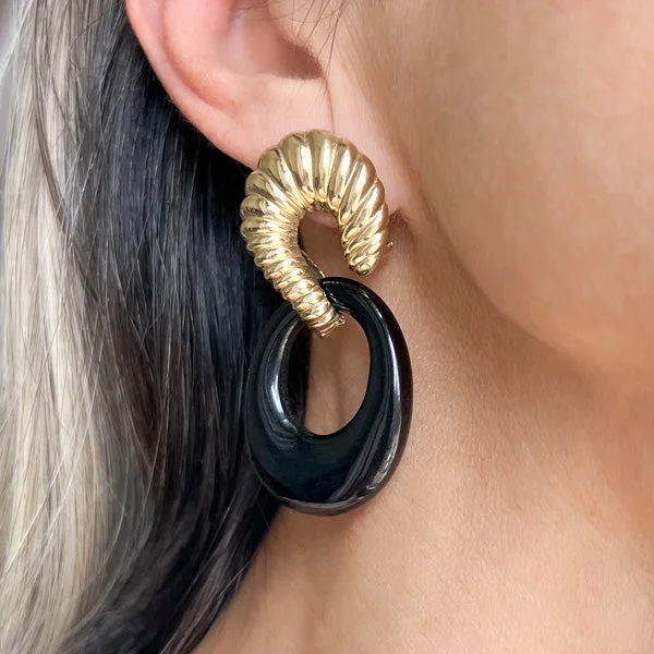 Decagonal stud earrings-Vintage Gold & Onyx Day/ Night Earrings