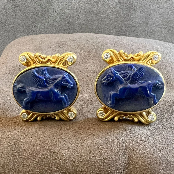 Hammered bronze earrings-Vintage Lapis Cameo Clip Earrings