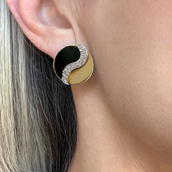 Hammered bronze earrings-Vintage Onyx & Diamond Yin Yang Earrings